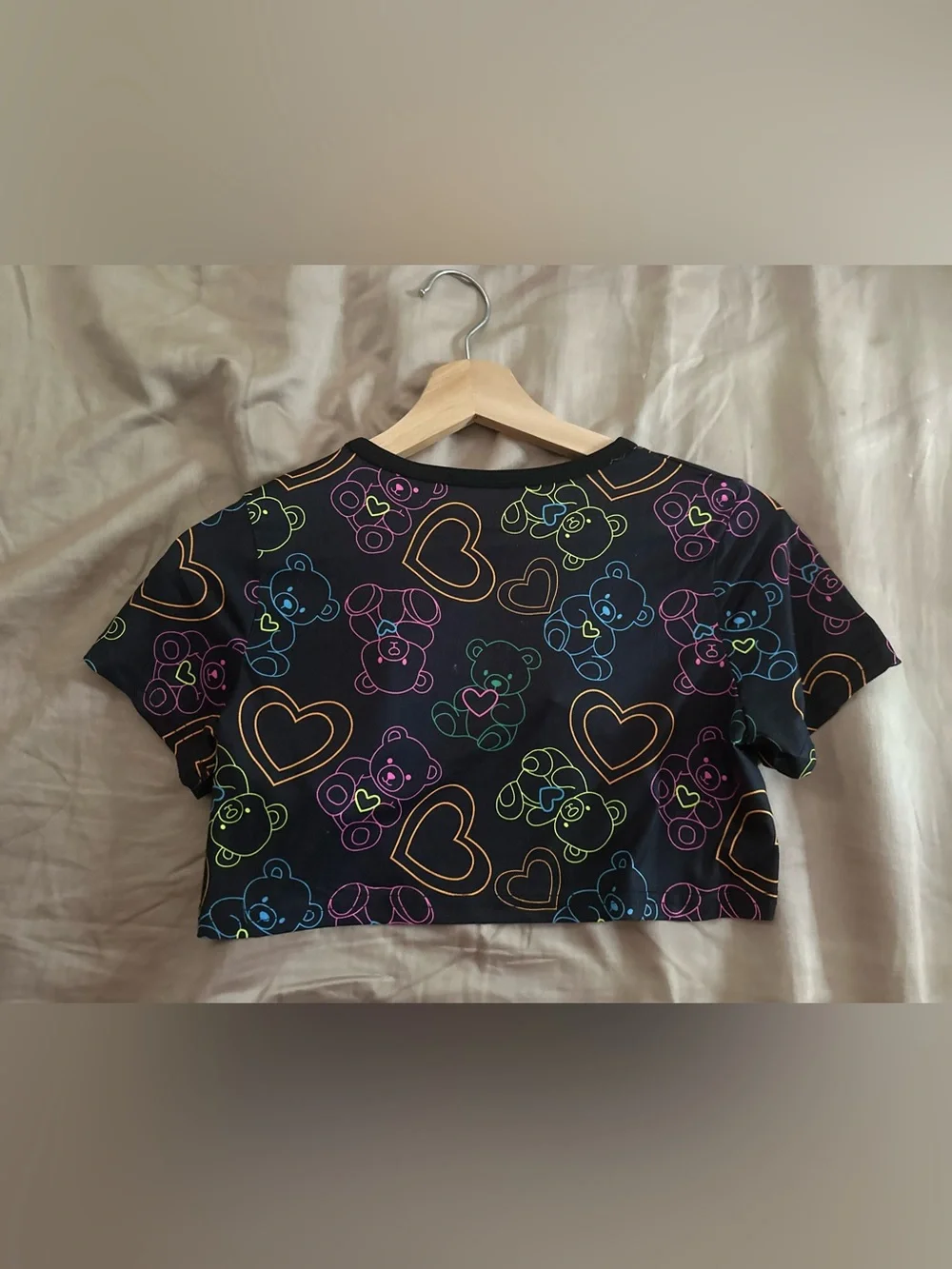 Black Neon Heart & Teddy Bear Print Matching 2pc Cropped Top & Pants Tween Set